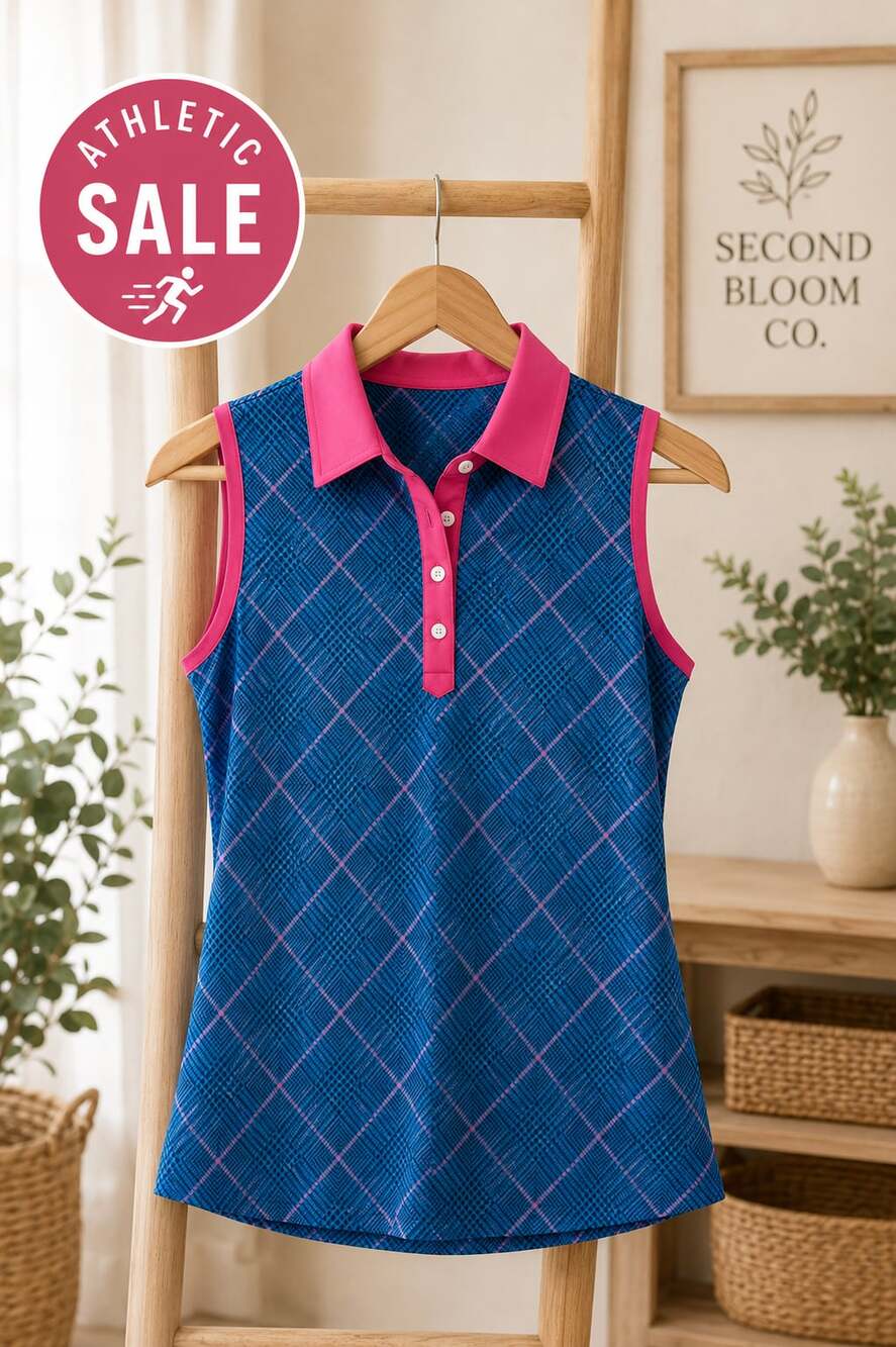 Court Haley Women’s Sleeveless Golf Polo Blue Pink Plaid Size Large B1G1